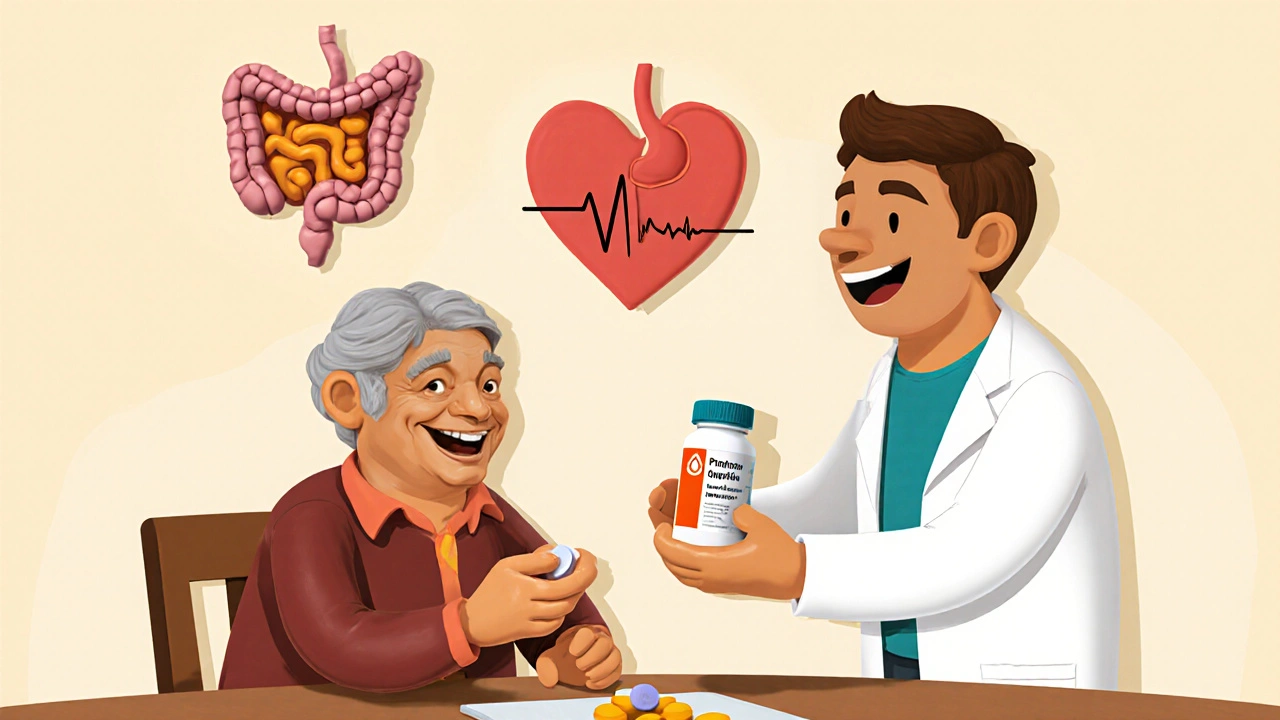 Personne âgée en argile tenant Aceclofénac avec un médecin et des icônes de santé.