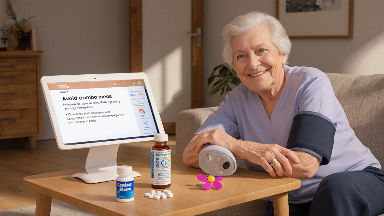 Personne âgée mesurant sa pression à la maison, en sécurité avec un traitement adapté.