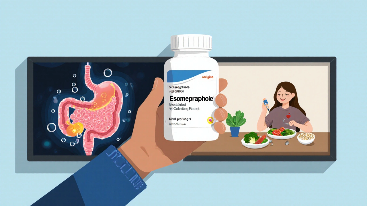 Personne prenant un comprimé d&#039;esomeprazole, avec illustration du système digestif et alimentation saine.