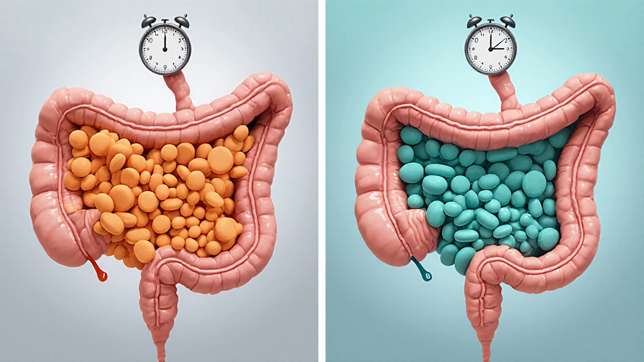 Pillule en argile montrant libération rapide vs lente dans l’estomac et l’intestin.