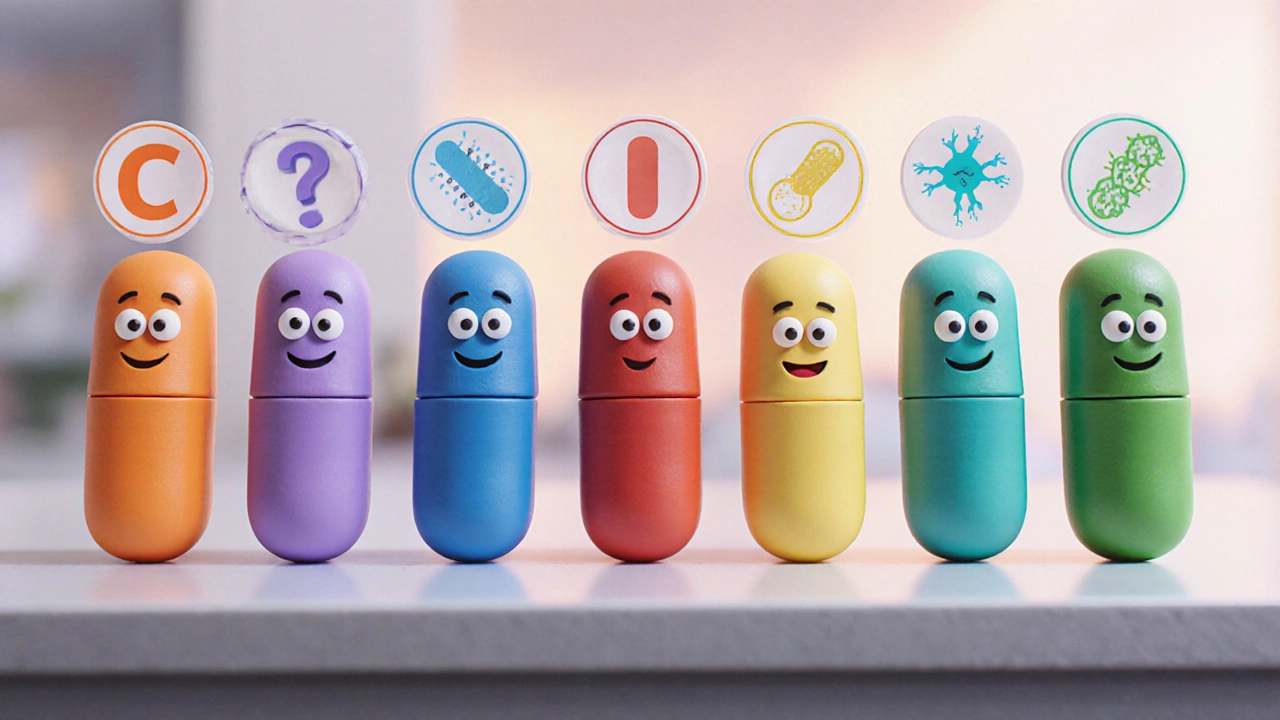 Pillules en argile représentant différents antibiotiques alignées sur un comptoir.