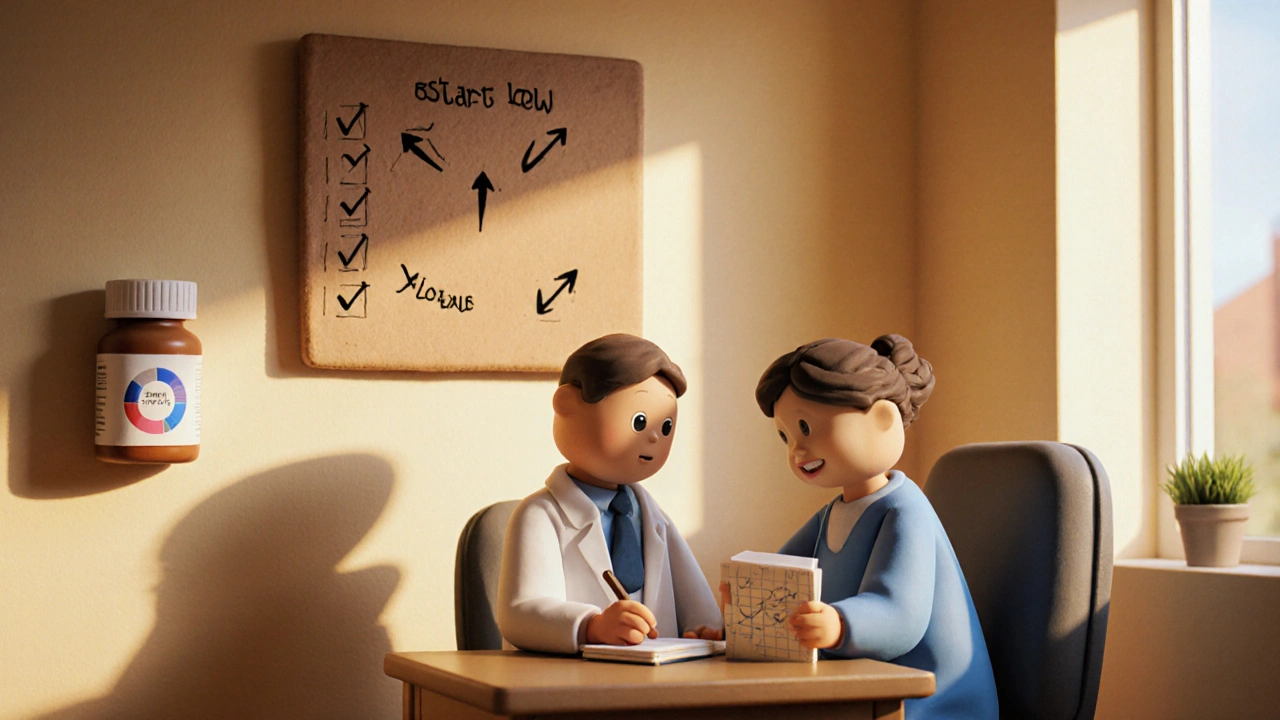 Scène de cabinet médical en argile avec médecin et patient, carnet de suivi, flèches &#039;start low, go slow&#039; et pilule rotative.