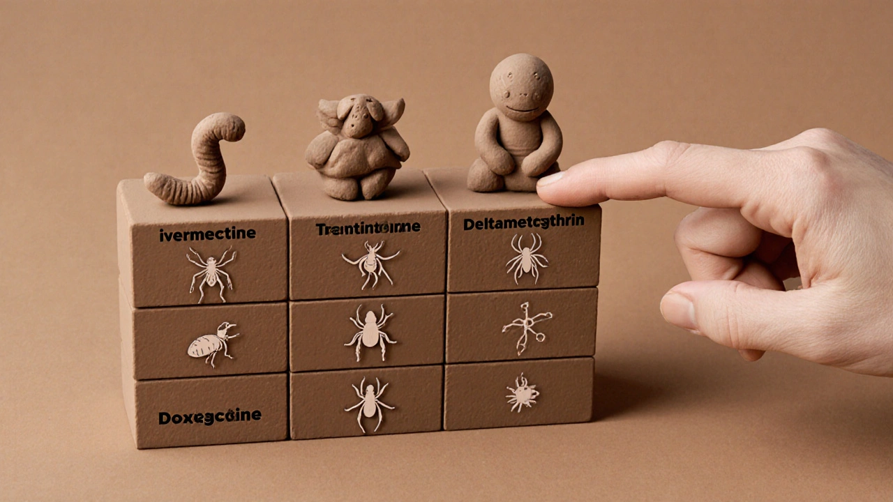 Tableau en argile comparant quatre traitements antiparasitaires avec des symboles visuels.