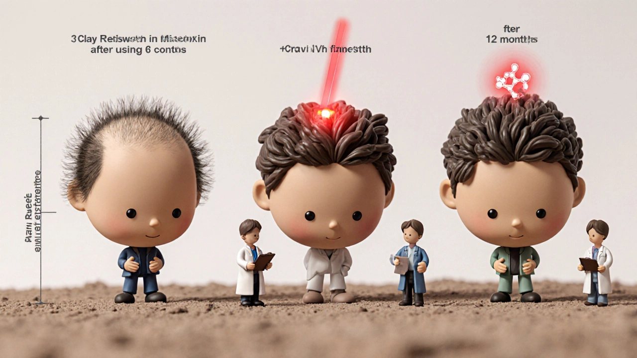 Timeline illustrant la croissance des cheveux sur 12 mois avec trois traitements différents.