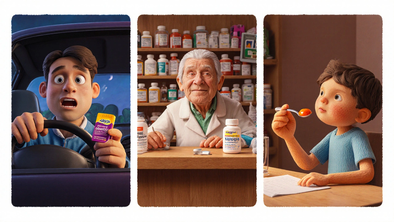 Trois scènes montrant un conducteur nocturne, un senior et un enfant utilisant différents antihistaminiques.