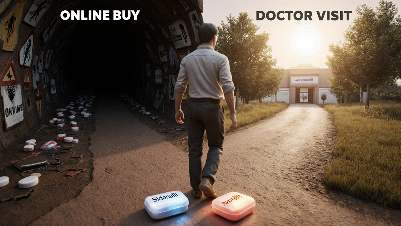 Un homme au croisement entre un chemin dangereux en ligne et un chemin sûr vers un médecin, sous un ciel éclairé.