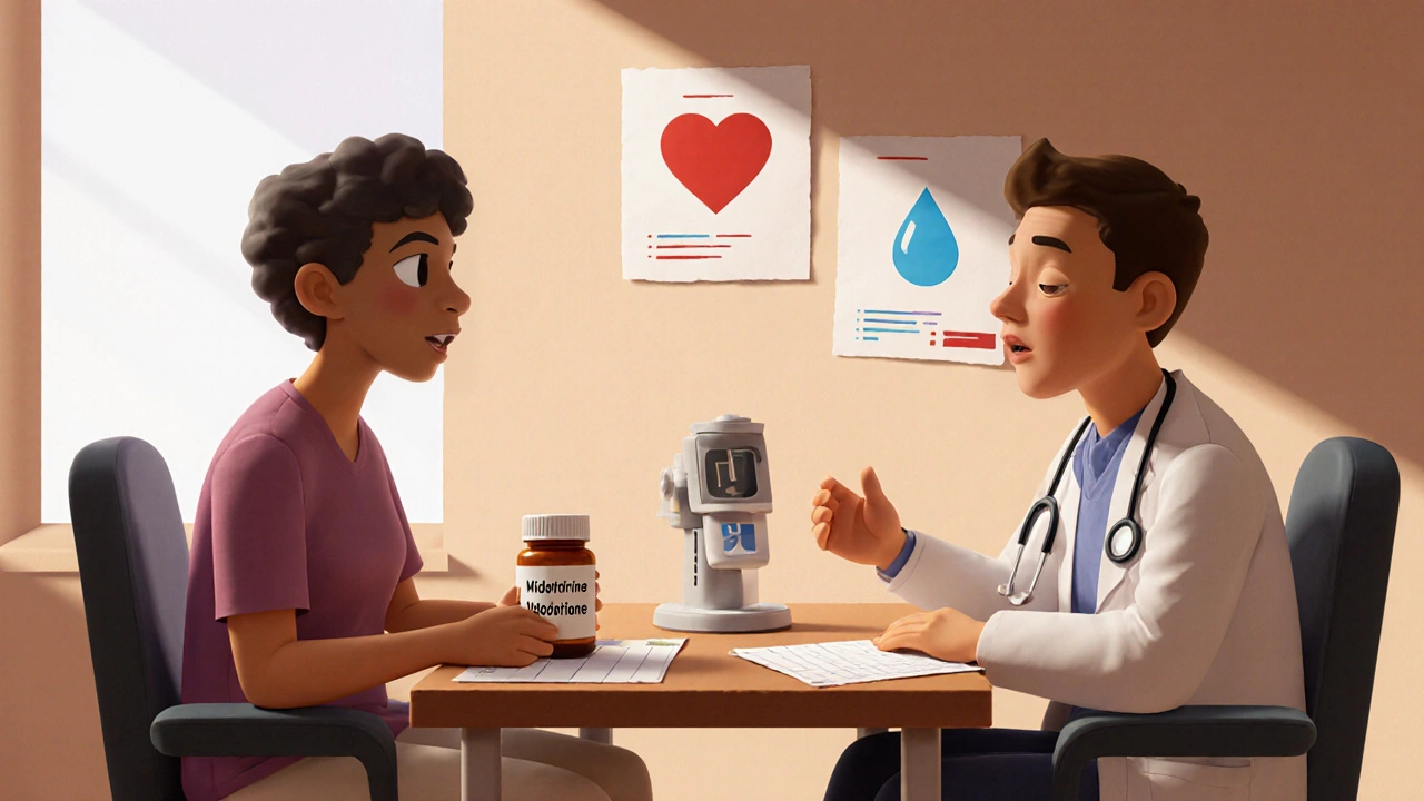 Un médecin et un patient discutent lors d&#039;une consultation, avec un dispositif de bascule en arrière-plan.