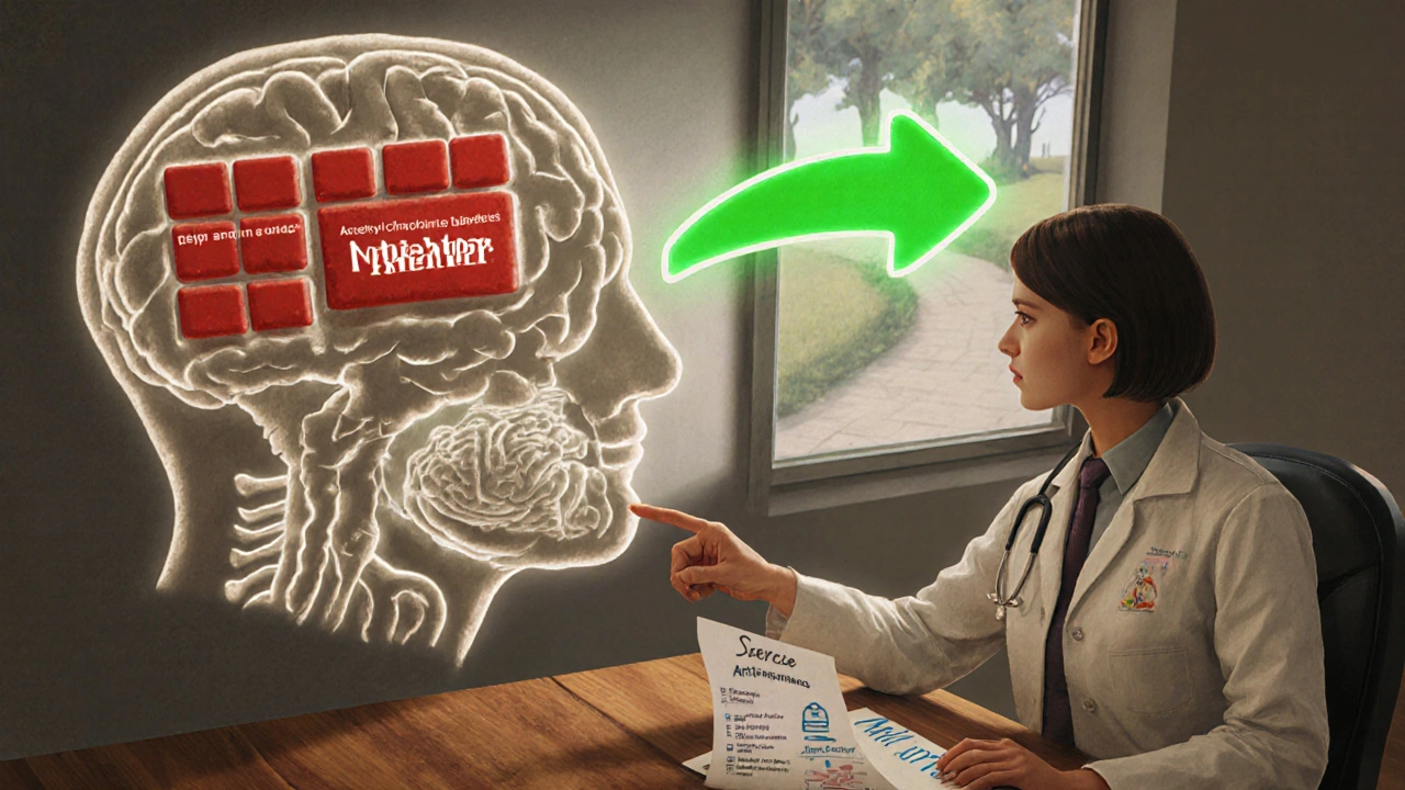 Un médecin explique les effets de la procyclidine sur un cerveau, avec des médicaments sur la table.