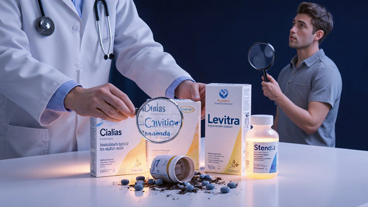 Un médecin pose trois médicaments approuvés sur une table, tandis qu&#039;une bouteille Anaconda est brisée par terre.