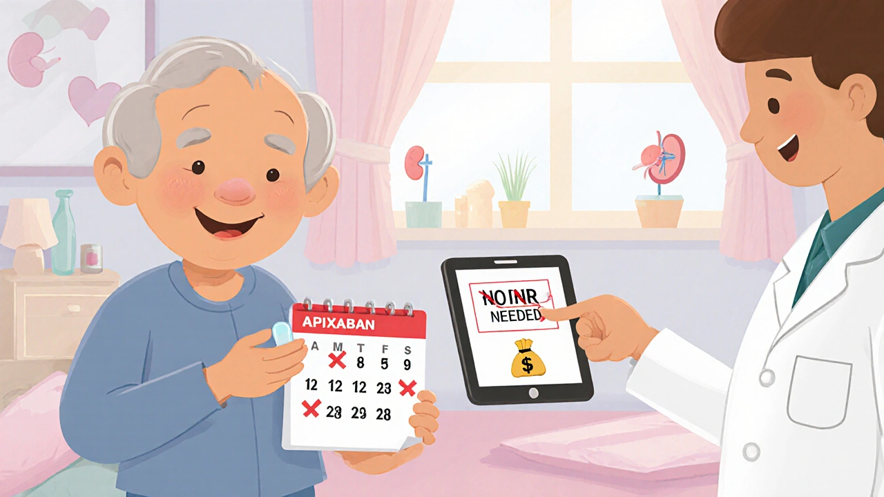 Un patient âgé tenant un comprimé Apixaban, un calendrier sans prises de sang.