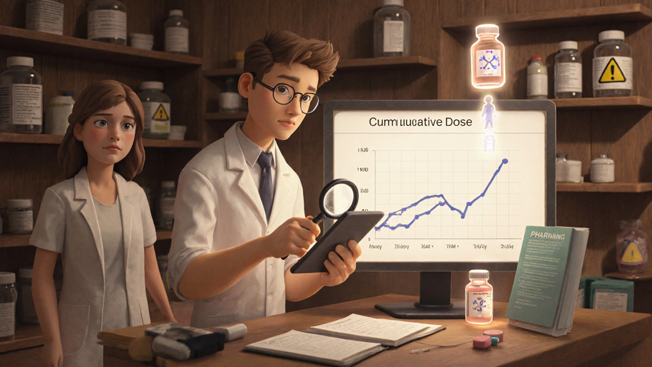 Un pharmacien examine un écran affichant une courbe de dose cumulée, avec des molécules de médicaments flottant vers un patient.