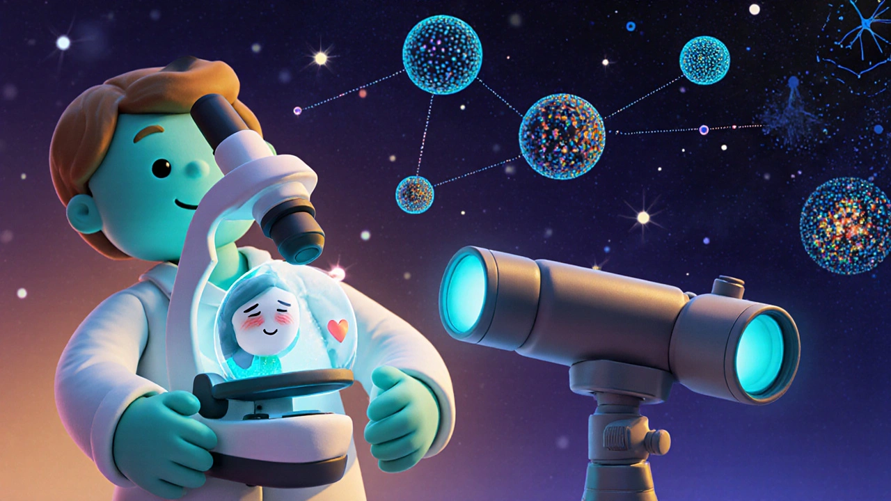 Un scientifique tenant un microscope et un télescope en argile, symbolisant la profondeur et la portée des données de sécurité.