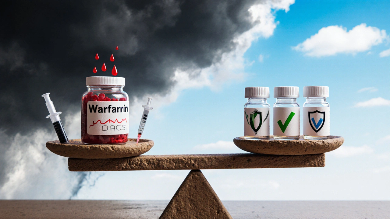 Une balance comparant la warfarine aux anticoagulants directs, avec symboles médicaux.