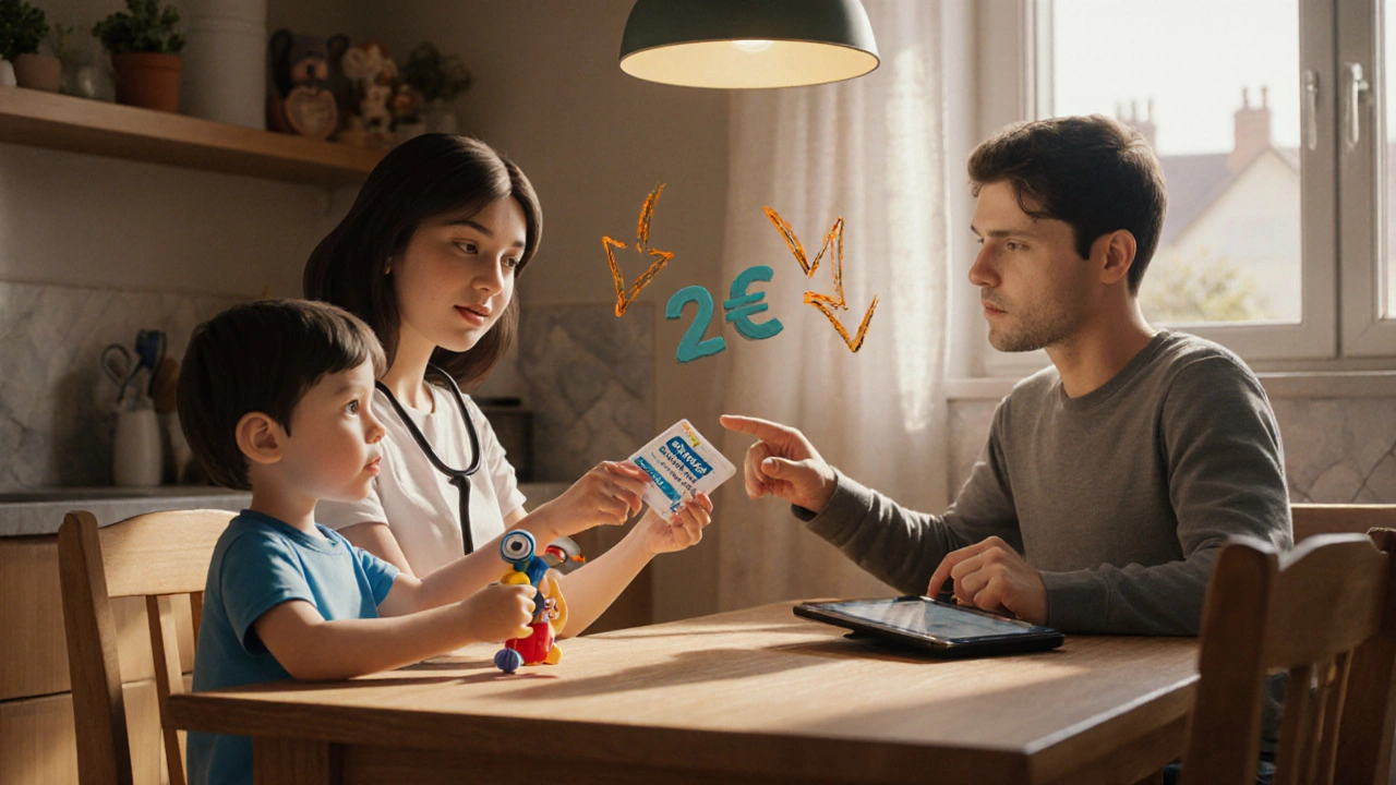 Une famille compare les prix de deux antibiotiques à la cuisine, avec un enfant tenant un stéthoscope en jouet.