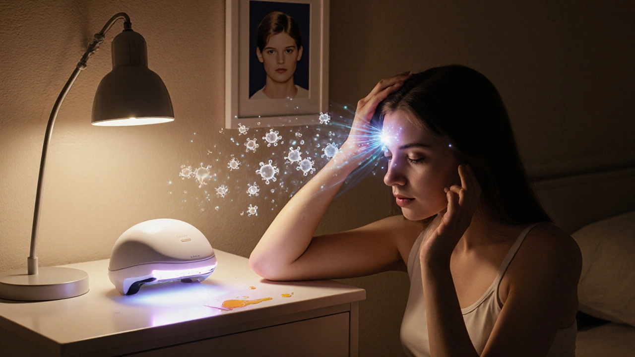 Une femme applique un sérums aux peptides la nuit, avec un casque laser à côté, dans une chambre apaisante.