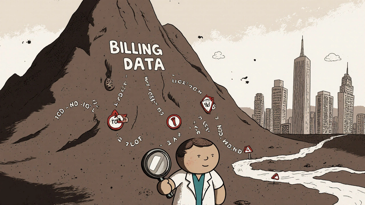 Une montagne d&#039;argile représentant les données de facturation, avec des codes médicaux coulant vers une ville de patients.