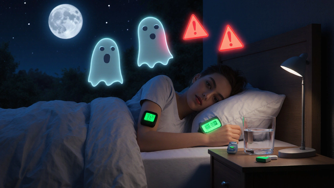 Une personne endormie avec un moniteur de glycémie qui alerte contre une hypoglycémie nocturne.