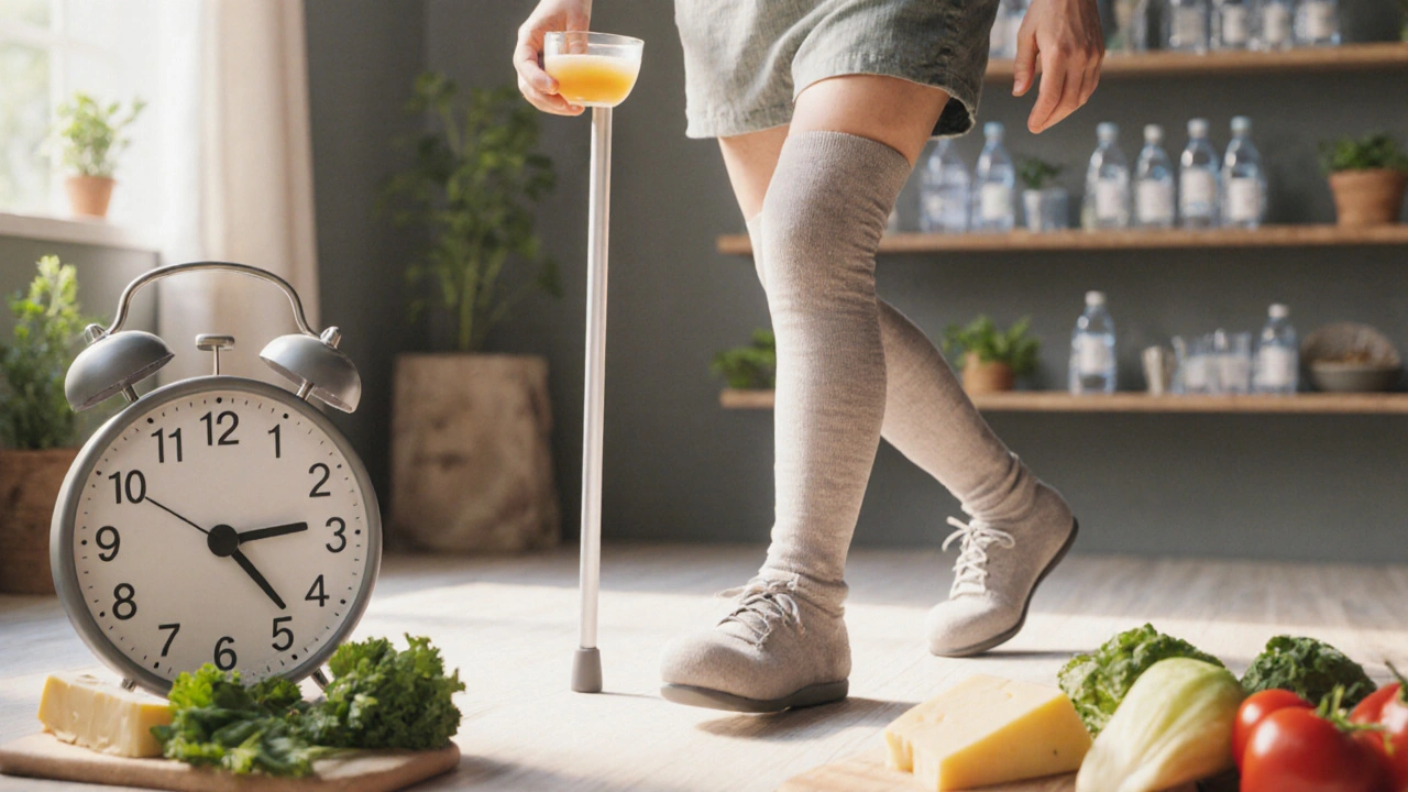 Une personne marche à l&#039;intérieur avec une canne, portant des bas de compression et tenant un bol de bouillon.