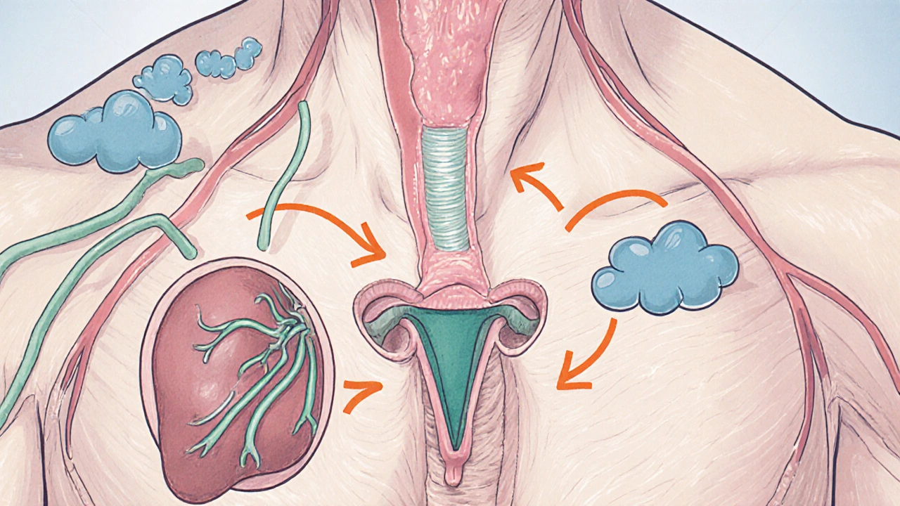 Vue en coupe en argile montrant vaisseaux dilatés, prostate détendue et voies aériennes souples.