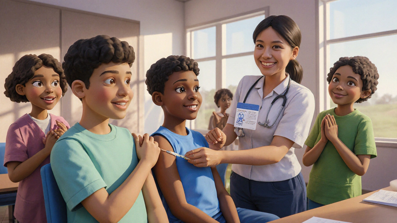 Adolescents recevant le vaccin contre le VPH dans une clinique scolaire, avec une infirmière souriante.