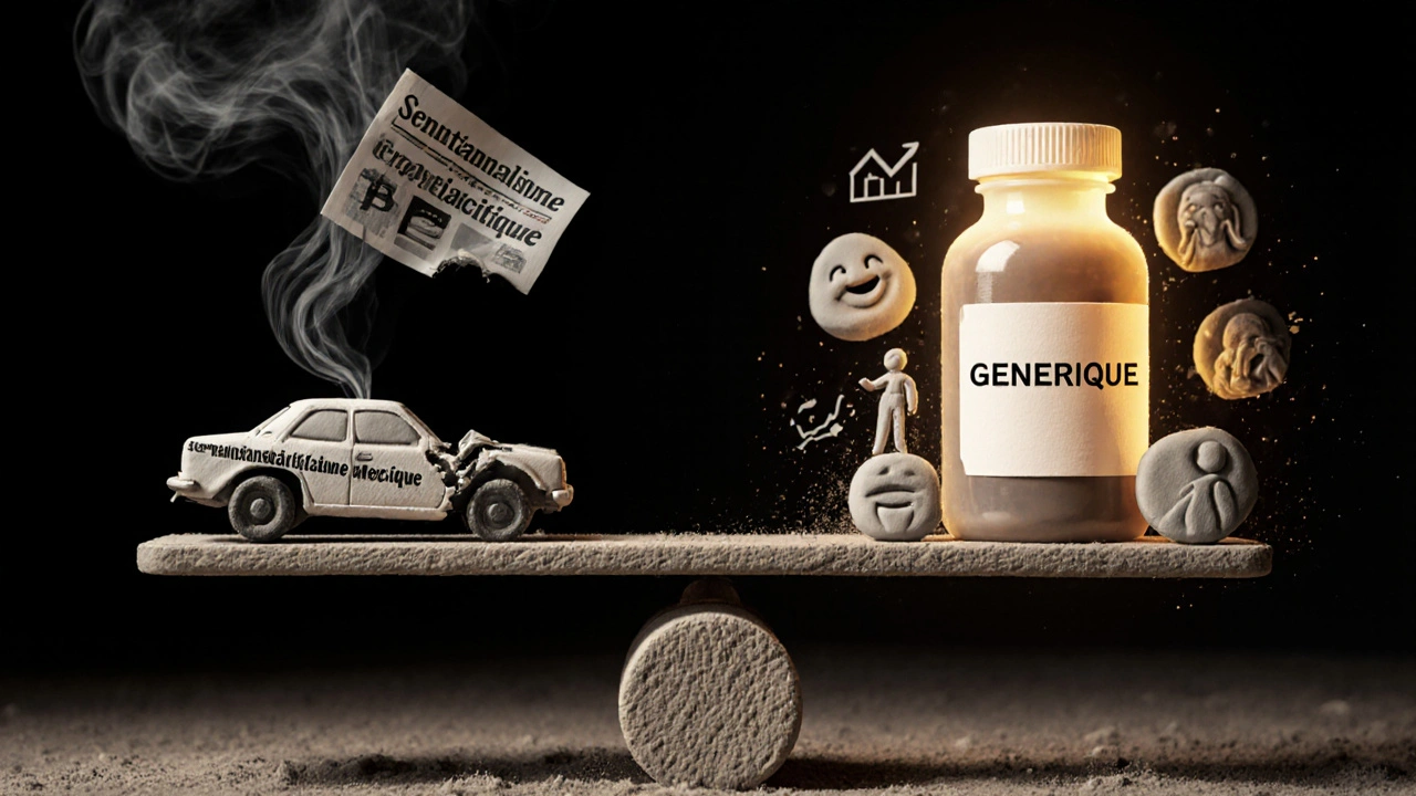 Balance symbolisant les médias alarmistes contre la fiabilité des génériques.