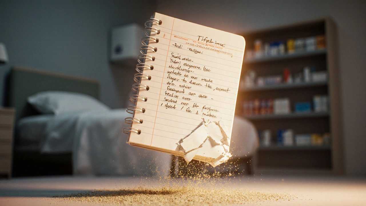 Carnet de notes lumineux flotte au-dessus d&#039;un dossier médical qui se désintègre.