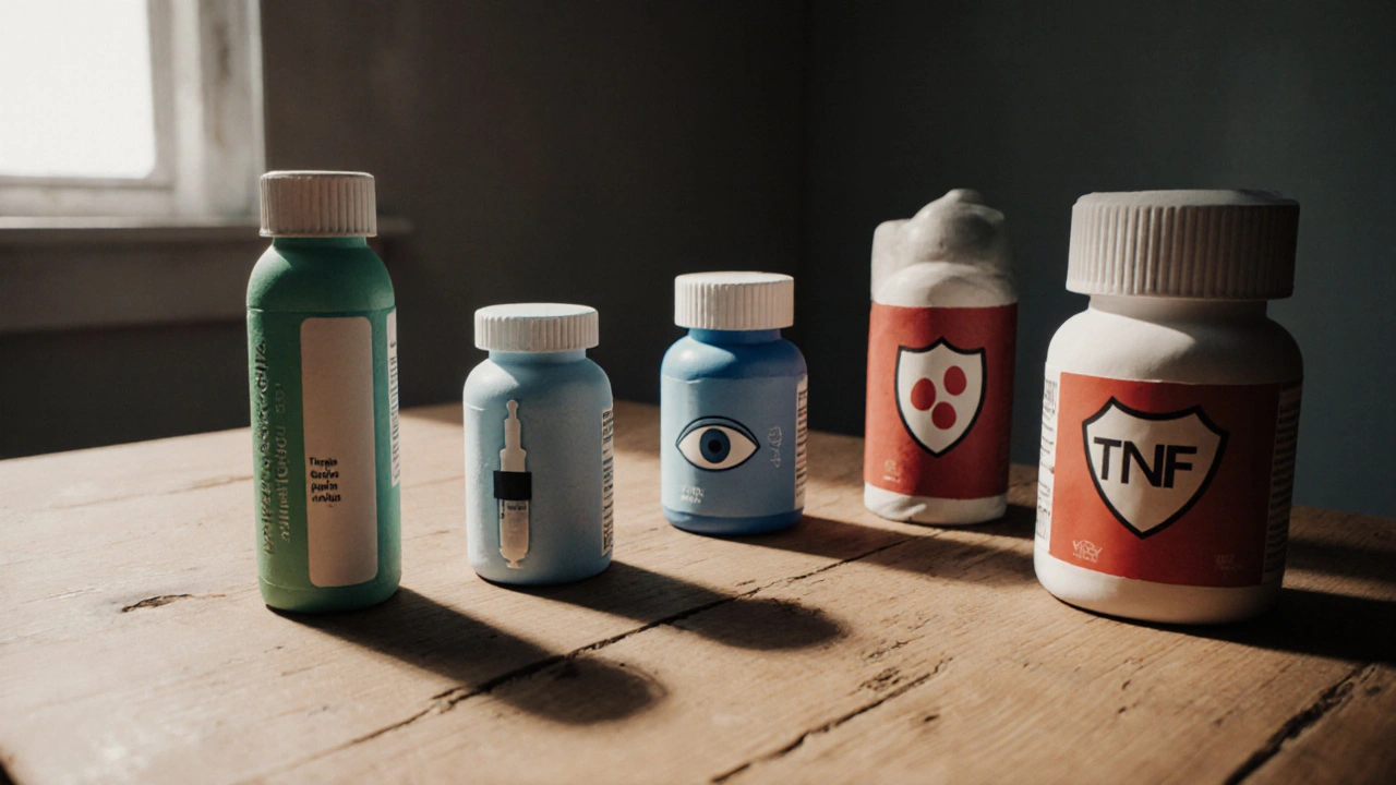 Cinq médicaments en argile représentés comme des personnages, chacun avec des symboles de risque et d&#039;efficacité.