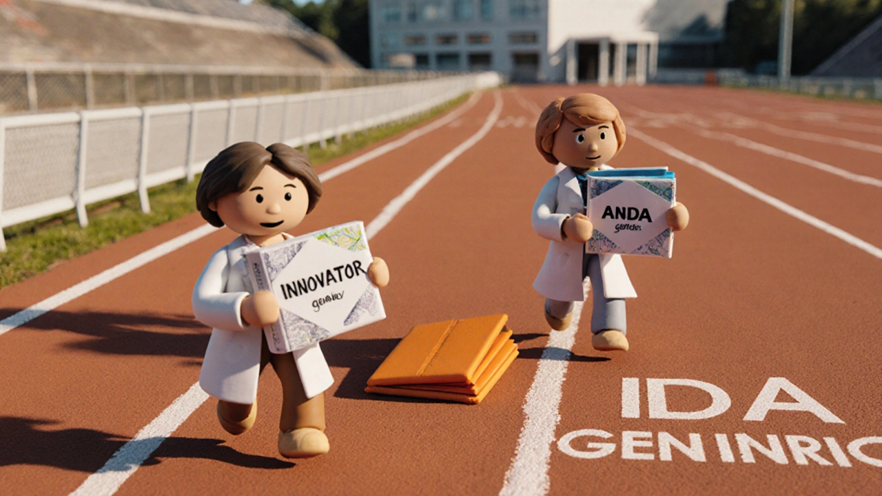 Deux équipes de scientifiques en argile courent vers une ligne d&#039;arrivée marquée &#039;exclusivité 180 jours&#039;.