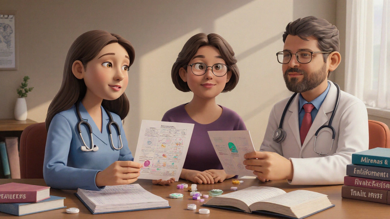 Deux médecins discutent avec une patiente autour d&#039;un tableau comparant méthodes contraceptives.