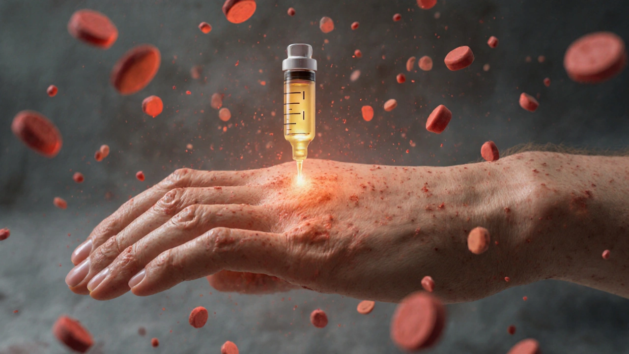 Doigts en saucisse apaisés par une goutte d&#039;injection anti-inflammatoire.