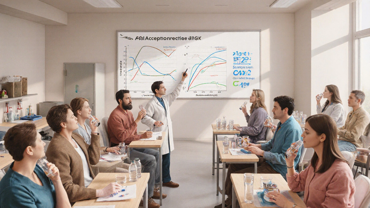 Étude de bioéquivalence : des volontaires prenant un médicament pendant que des échantillons de sang sont analysés.