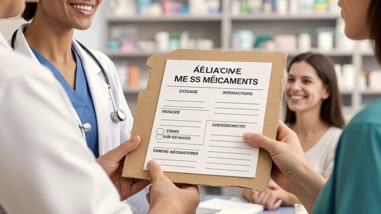 Femme remet un dossier organisé sur ses médicaments à son médecin en consultation.