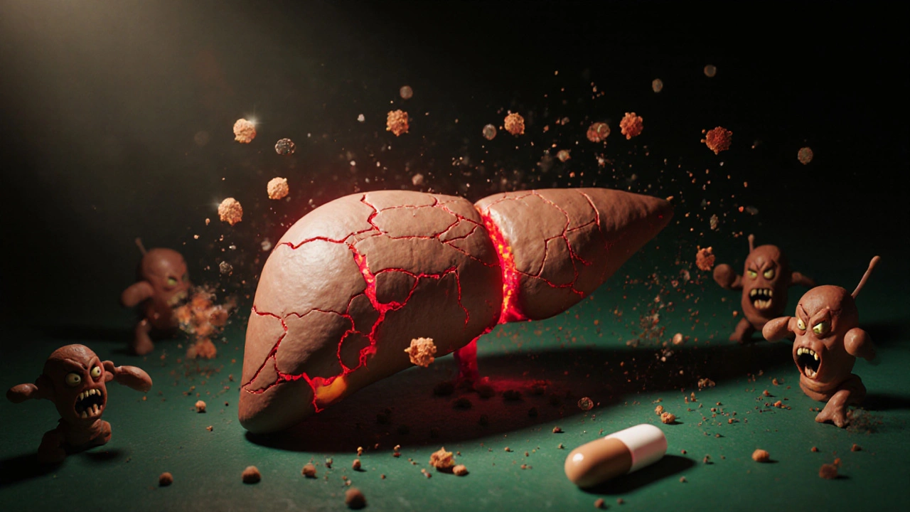 Foie en argile fissuré, illuminé de veines rouges, attaqué par des cellules immunitaires en forme de guerriers en argile.