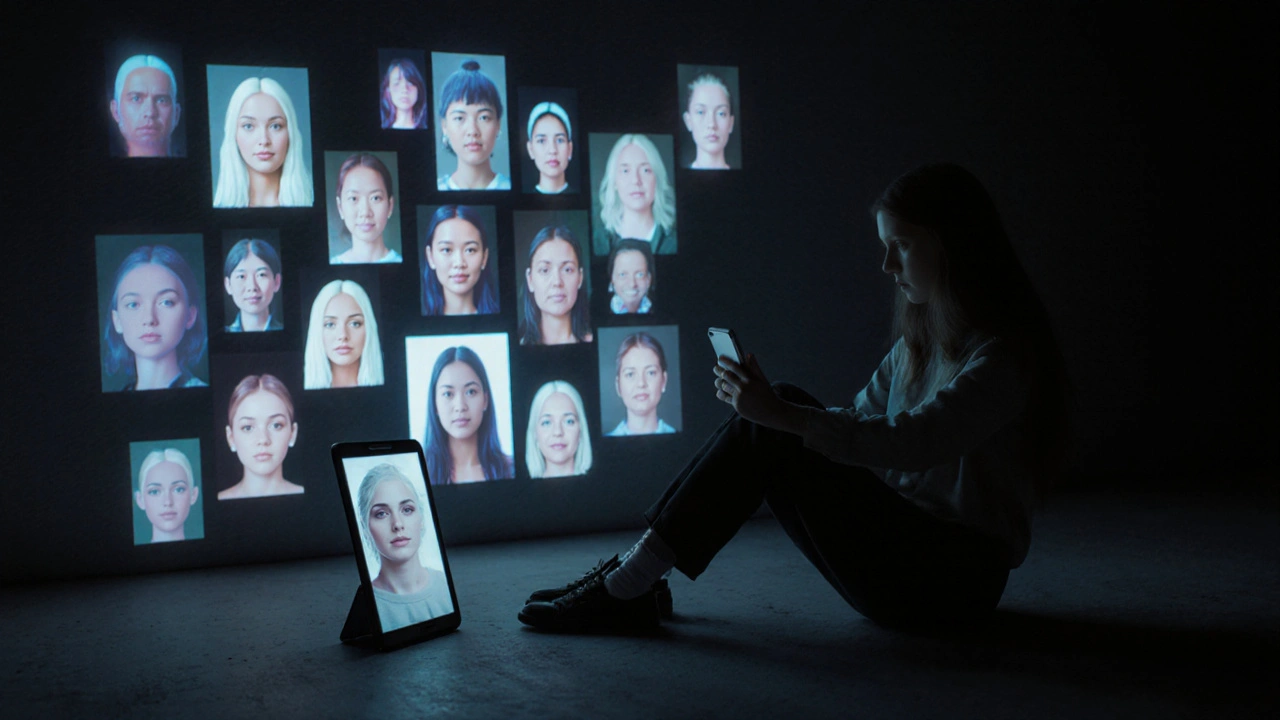 Jeune femme assise seule, entourée d&#039;images de réseaux sociaux filtrées, tenant un miroir révélant sa peau naturelle.