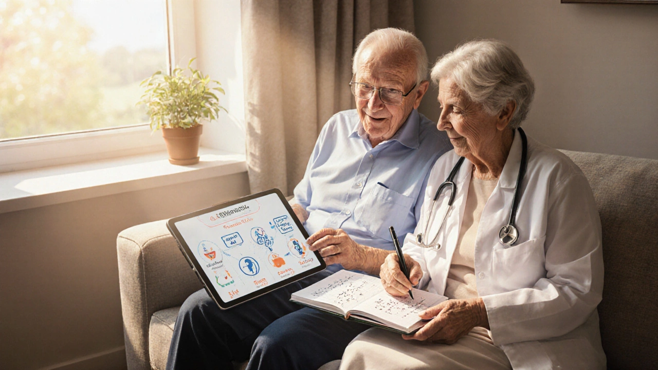 Médecin et patient âgé discutant d&#039;options de traitement sur une tablette, dans un cadre chaleureux.