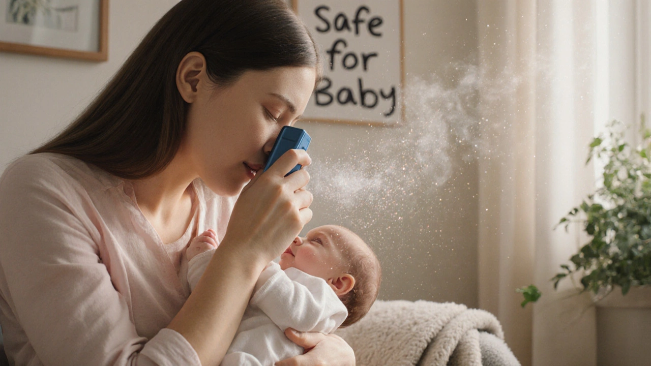 Nouvelle mère allaitant son bébé tout en tenant son inhalateur, sans transfert de médicament.