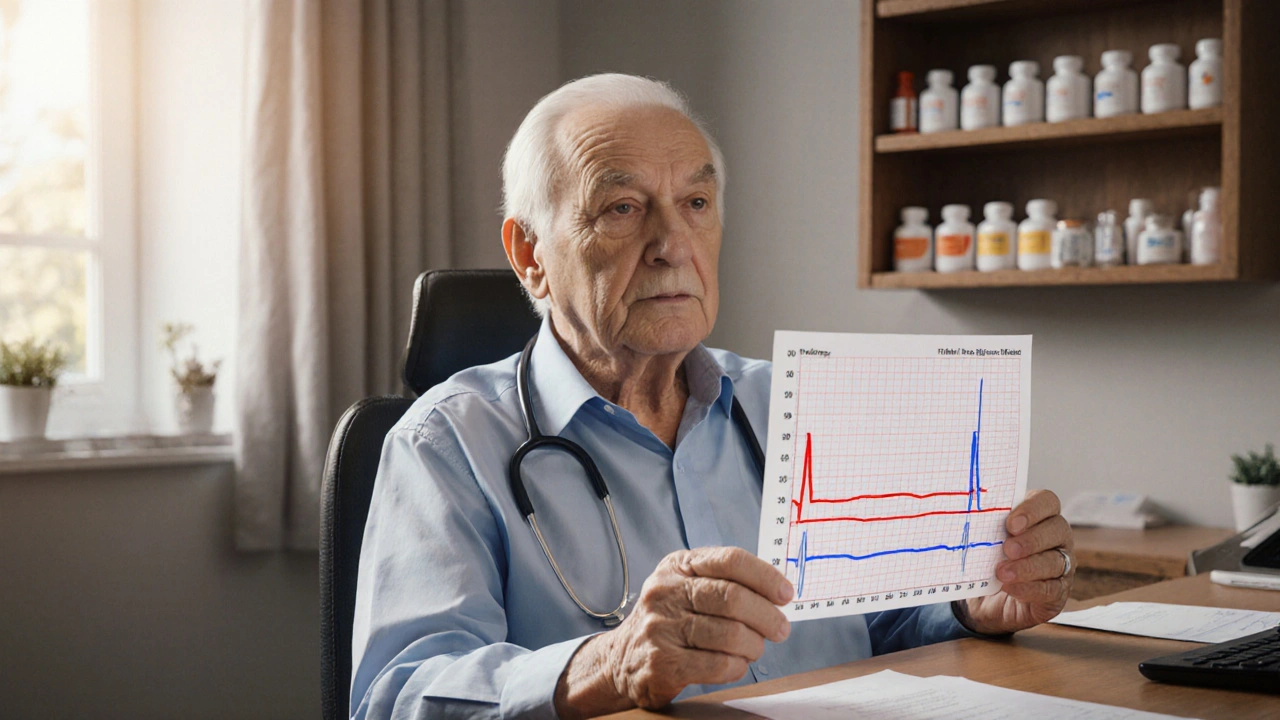 Patient âgé examinant un ECG avec une comparaison visuelle des doses de médicaments.