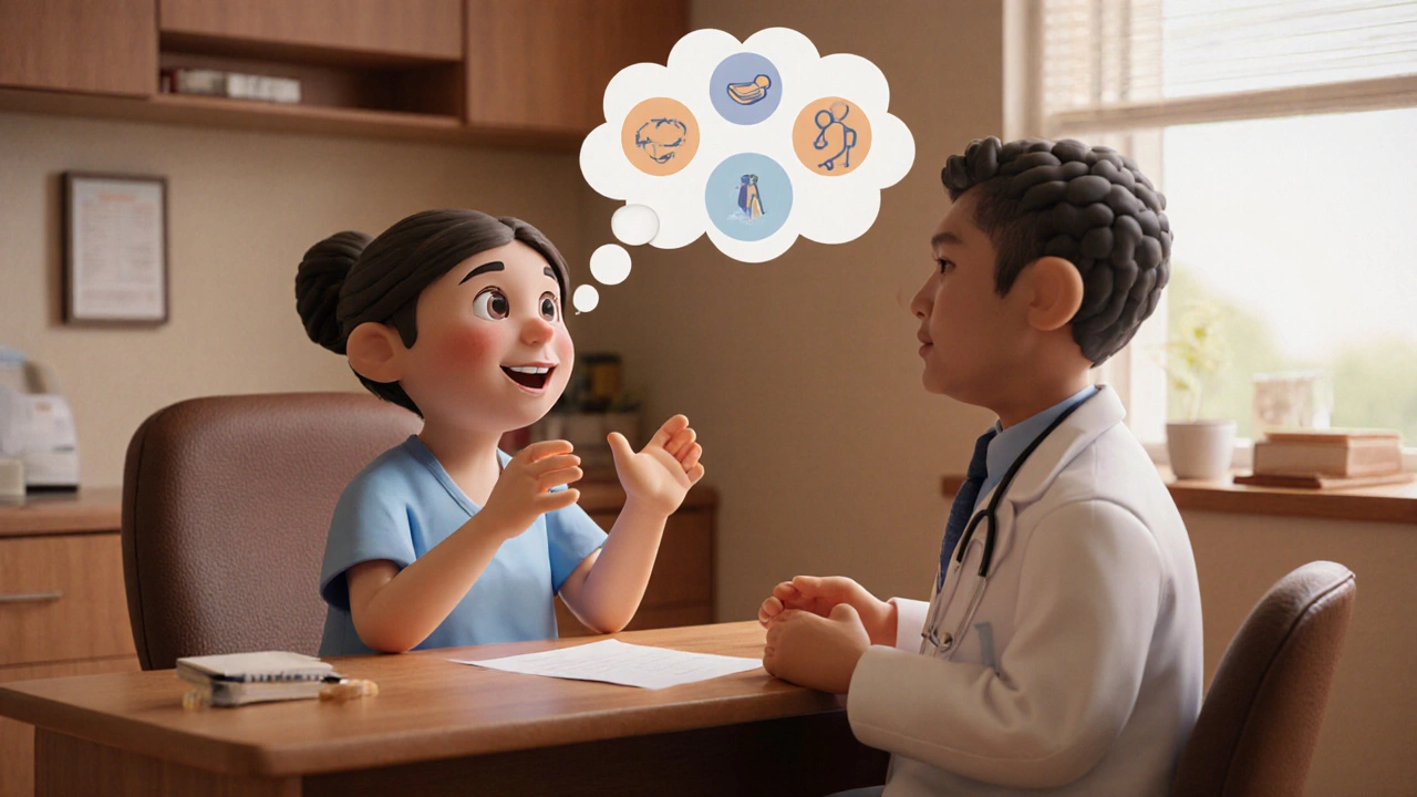 Patient et médecin échangent en consultation, des symboles de santé flottent autour d&#039;eux dans un bureau médical chaleureux.