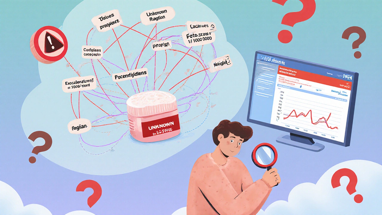 Patient examinant les ingrédients d&#039;un générique avec un magnifying glass, des alertes flottantes au-dessus de sa tête.