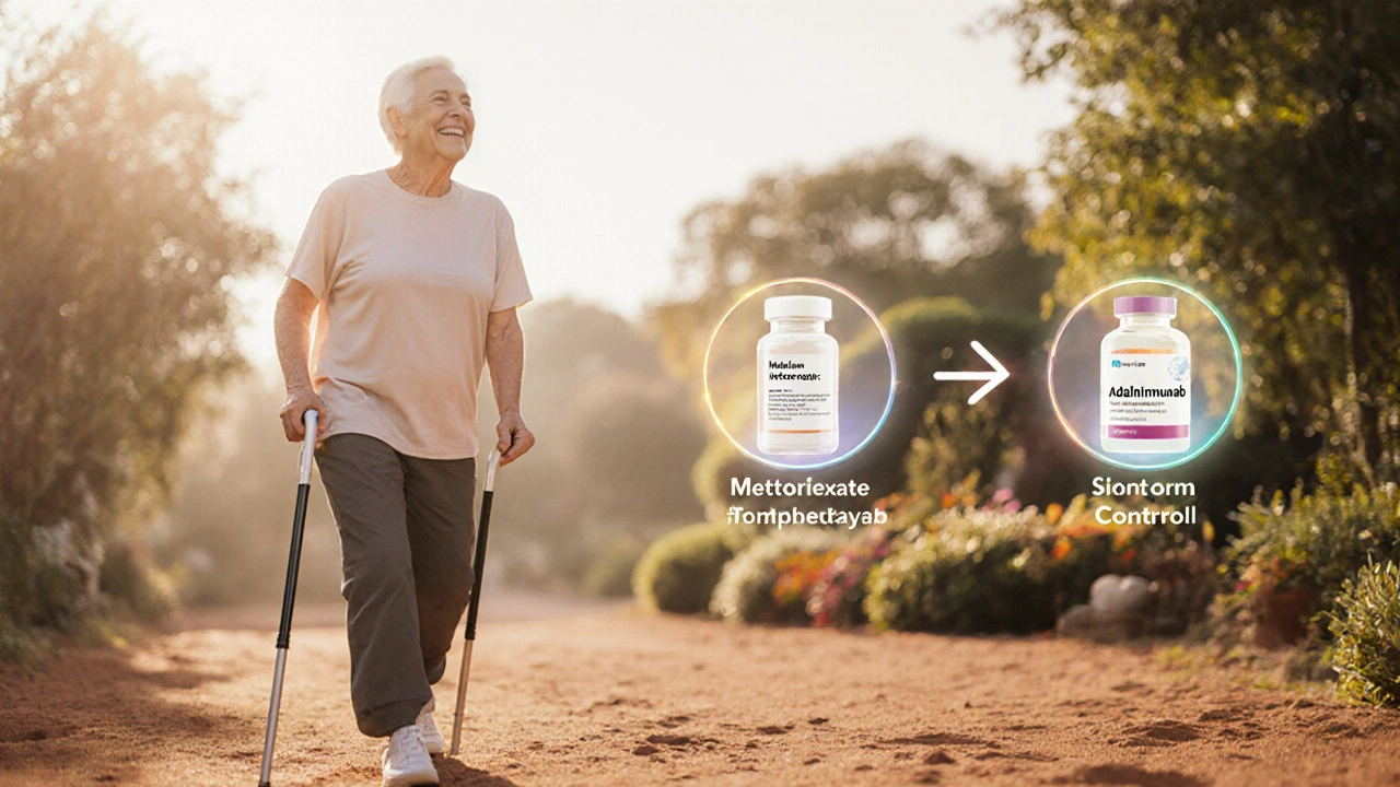 Patient marchant sans douleur, avec les traitements en arrière-plan.