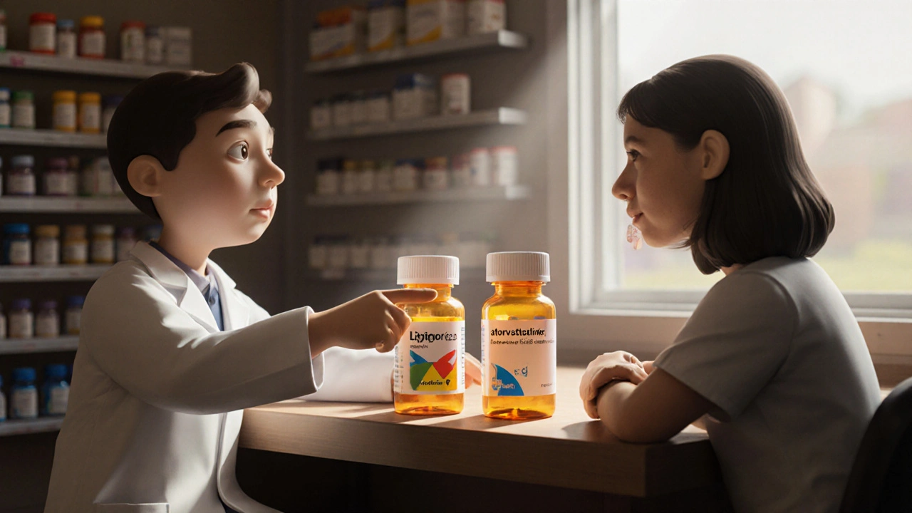 Pharmacien expliquant la différence entre un médicament de marque et un générique.