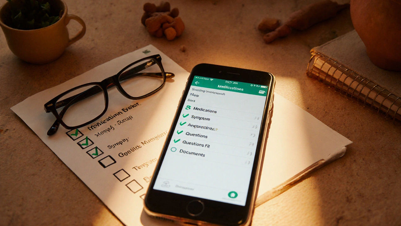 Téléphone affichant une application de santé synchronisée avec une liste de préparation pour rendez-vous médical.