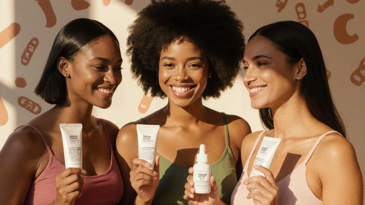 Trois femmes souriantes, peaux naturelles, tenant des produits de soin, éclairées par une lumière chaude.