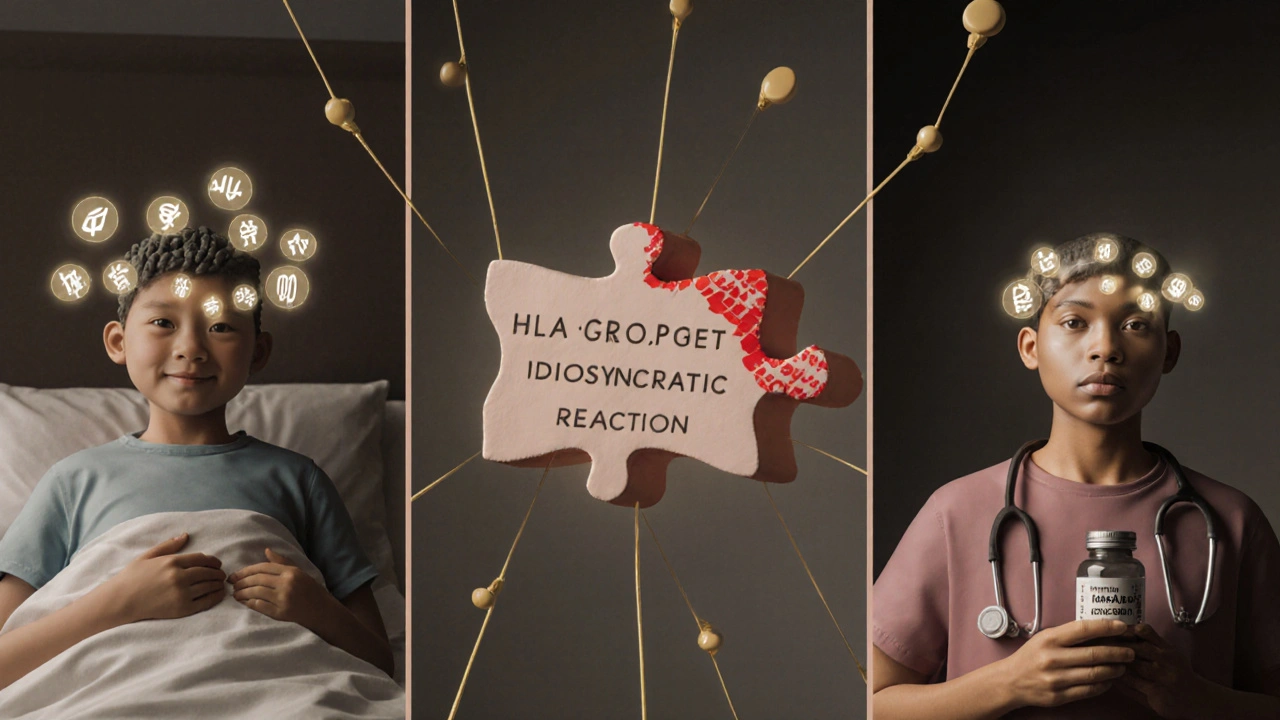 Trois patients avec des codes génétiques brillants connectés à une pièce de puzzle brisée représentant une réaction idiosyncrasique.