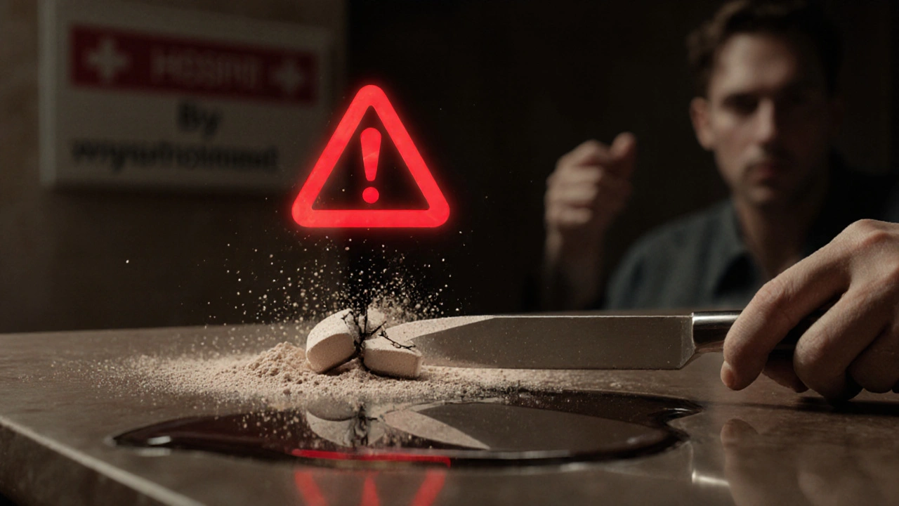 Un comprimé à libération prolongée est écrasé avec un couteau, libérant de la poudre, avec un symbole d&#039;avertissement rouge.