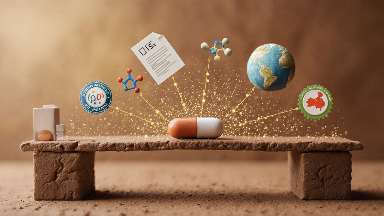 Un comprimé générique qui devient un pont reliant la pharmacie aux usines mondiales, symbolisant l&#039;accès aux médicaments.