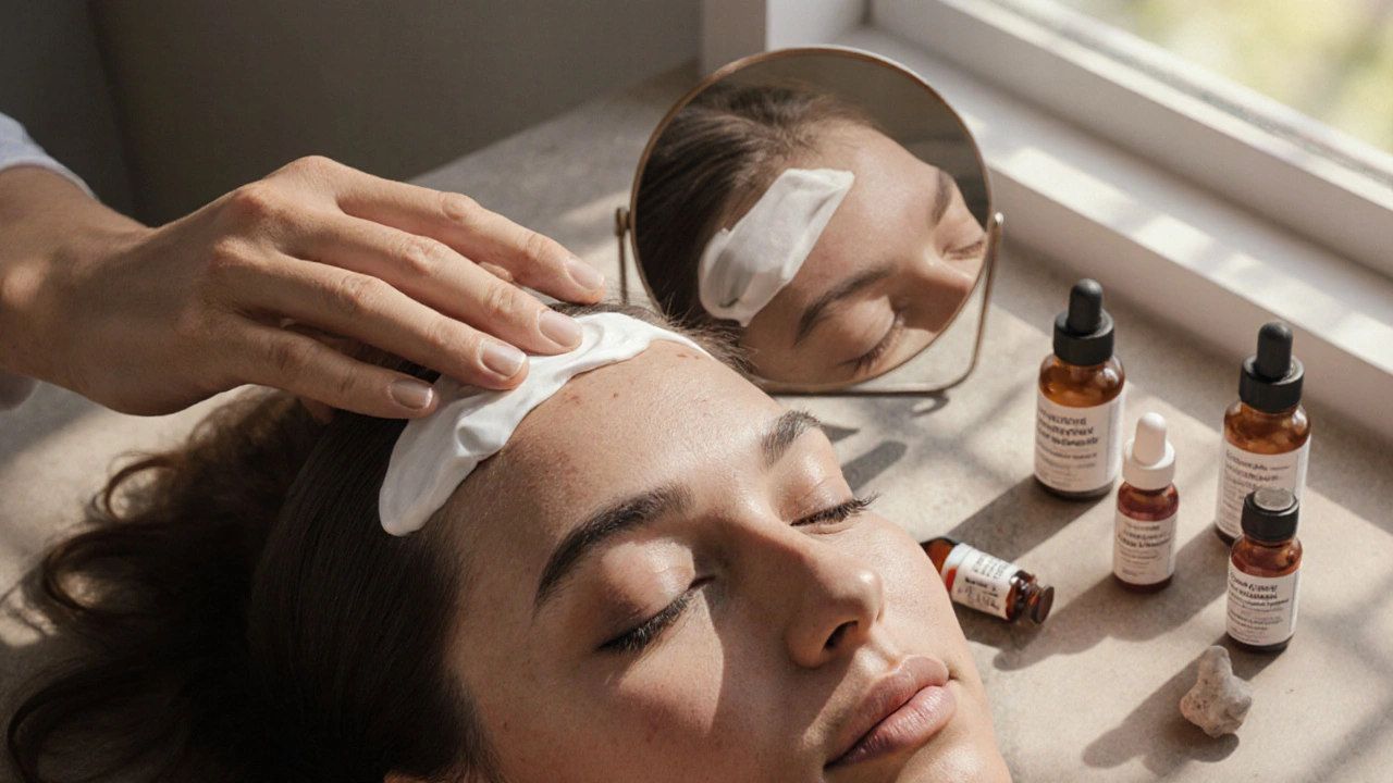 Un dermatologue applique une crème topique sur le cuir chevelu d&#039;un patient avec des produits médicamenteux autour.