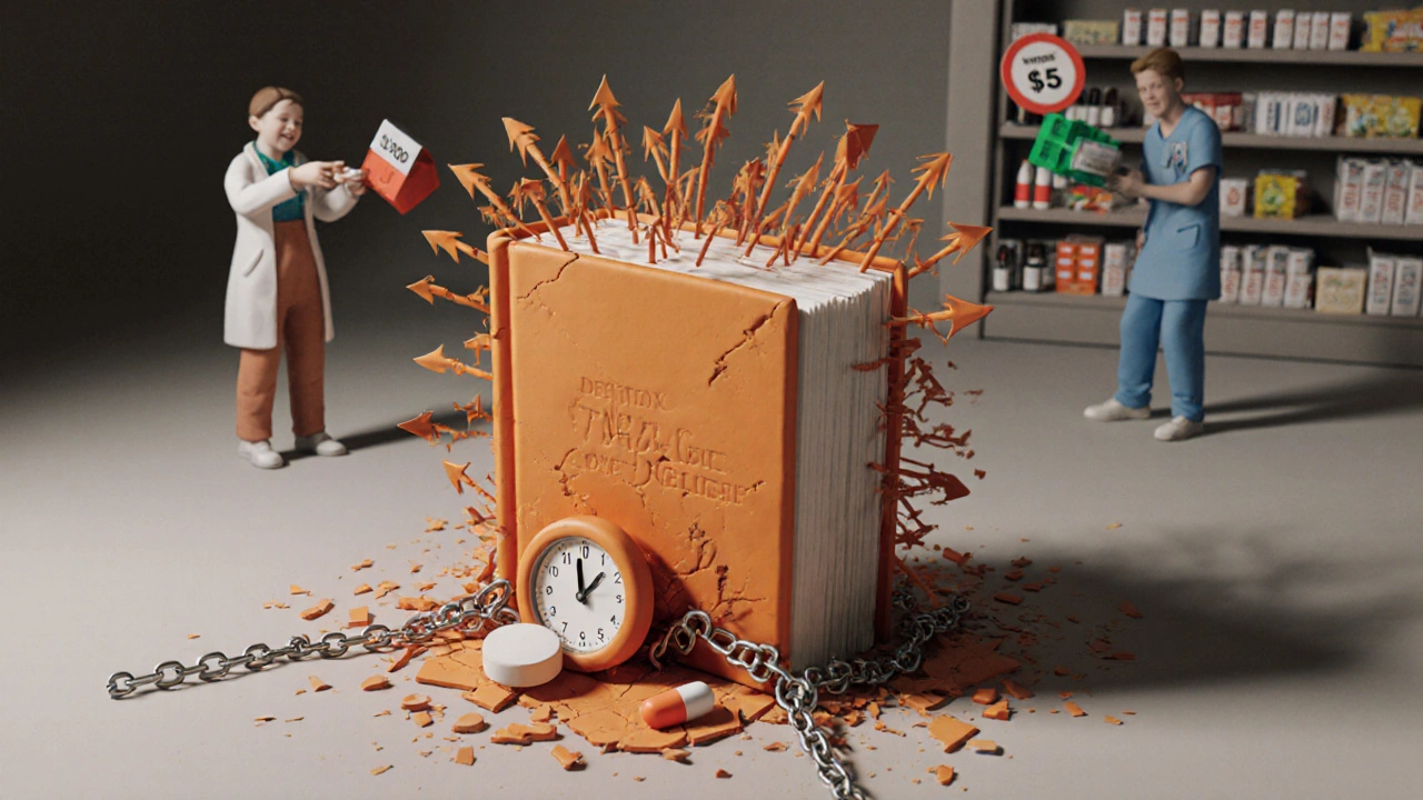 Un livre orange percé de brevets se fissure sous l&#039;impact d&#039;une pilule générique.