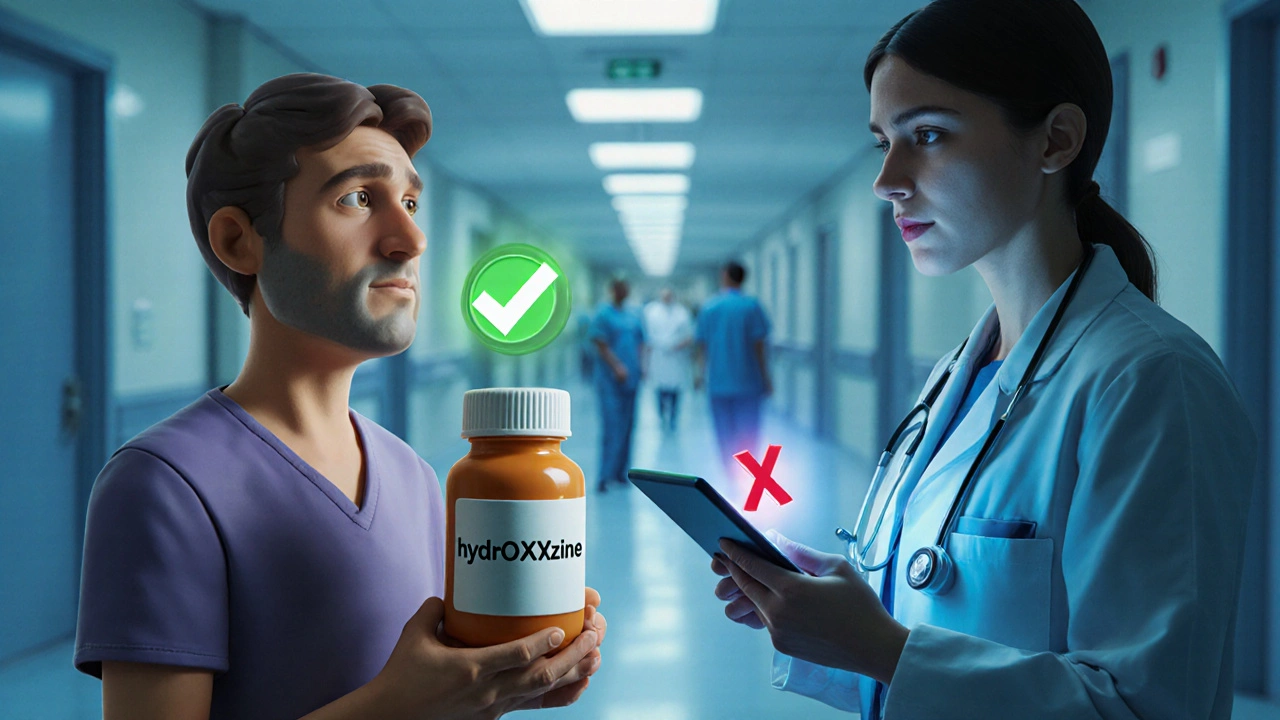 Un patient interroge un médecin sur un nom de médicament, un check vert et une croix rouge illustrent la bonne et la mauvaise version.