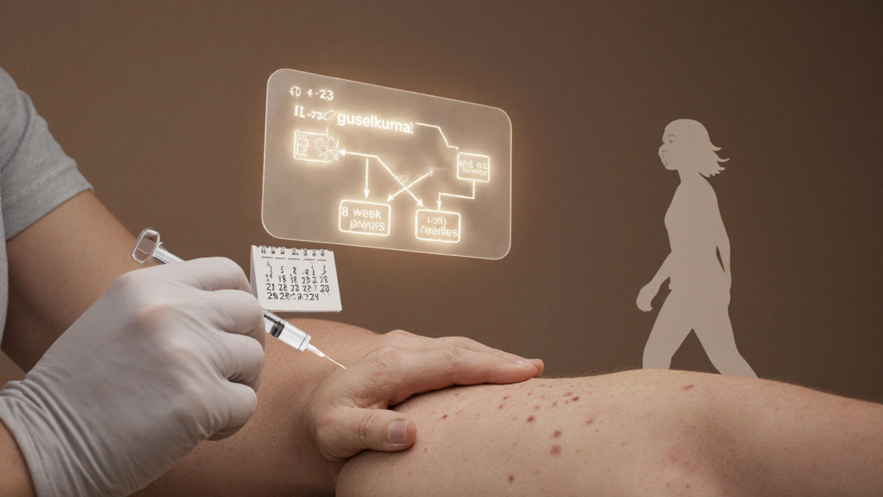 Un patient reçoit une injection de biologique, avec un schéma lumineux de la voie IL-23 et une peau nette en arrière-plan.